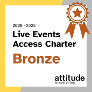 Text reads: 2026 – 2028 Live Events Access Charter. Bronze. The Attitude is Everything logo sits bottom right, with a bronze badge and ribbon icon top right.